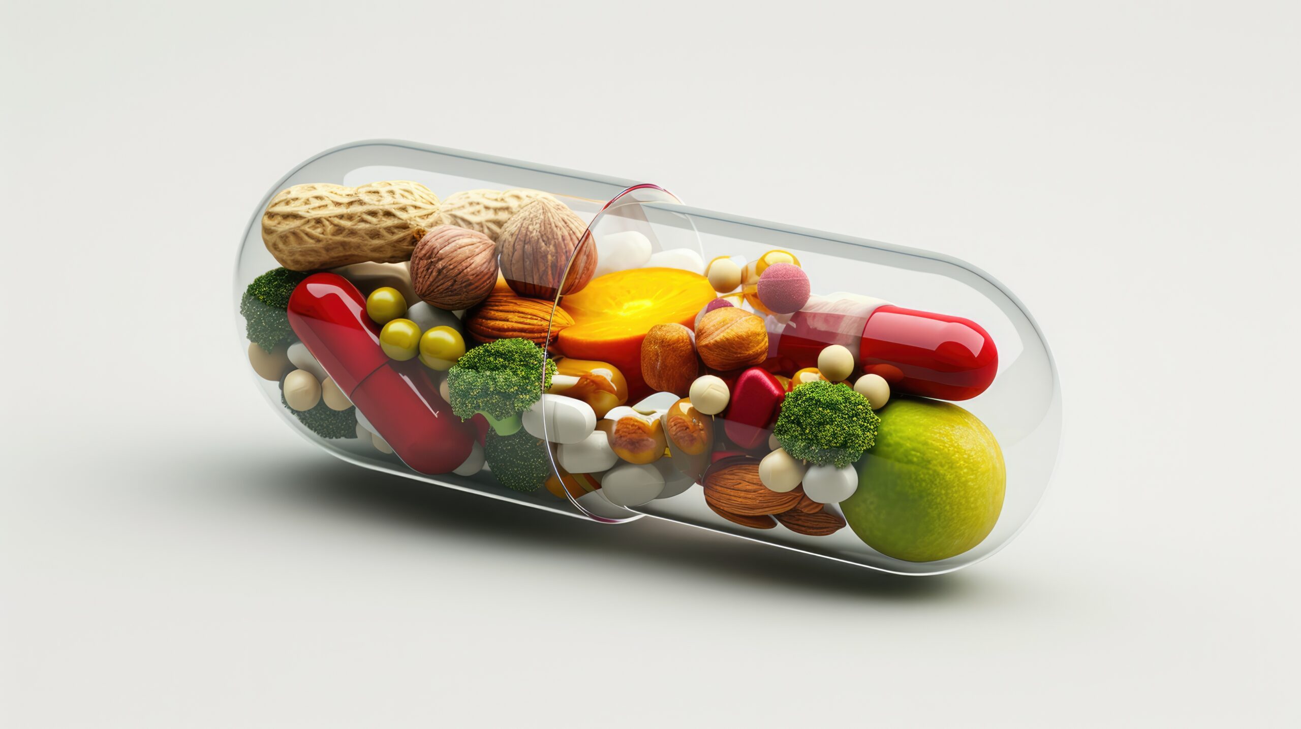 Medicine health concept. Nutritional supplement and vitamin supplements as a capsule with fruit vegetables nuts and beans inside a nutrient pill.